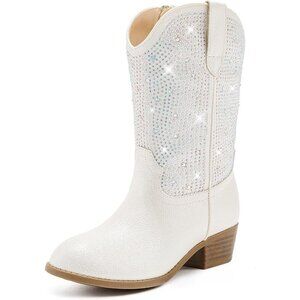 🆕Rhinestone Kids Girls White    Cowgirl Boots Sparkly Dress Boot Pointed Toes